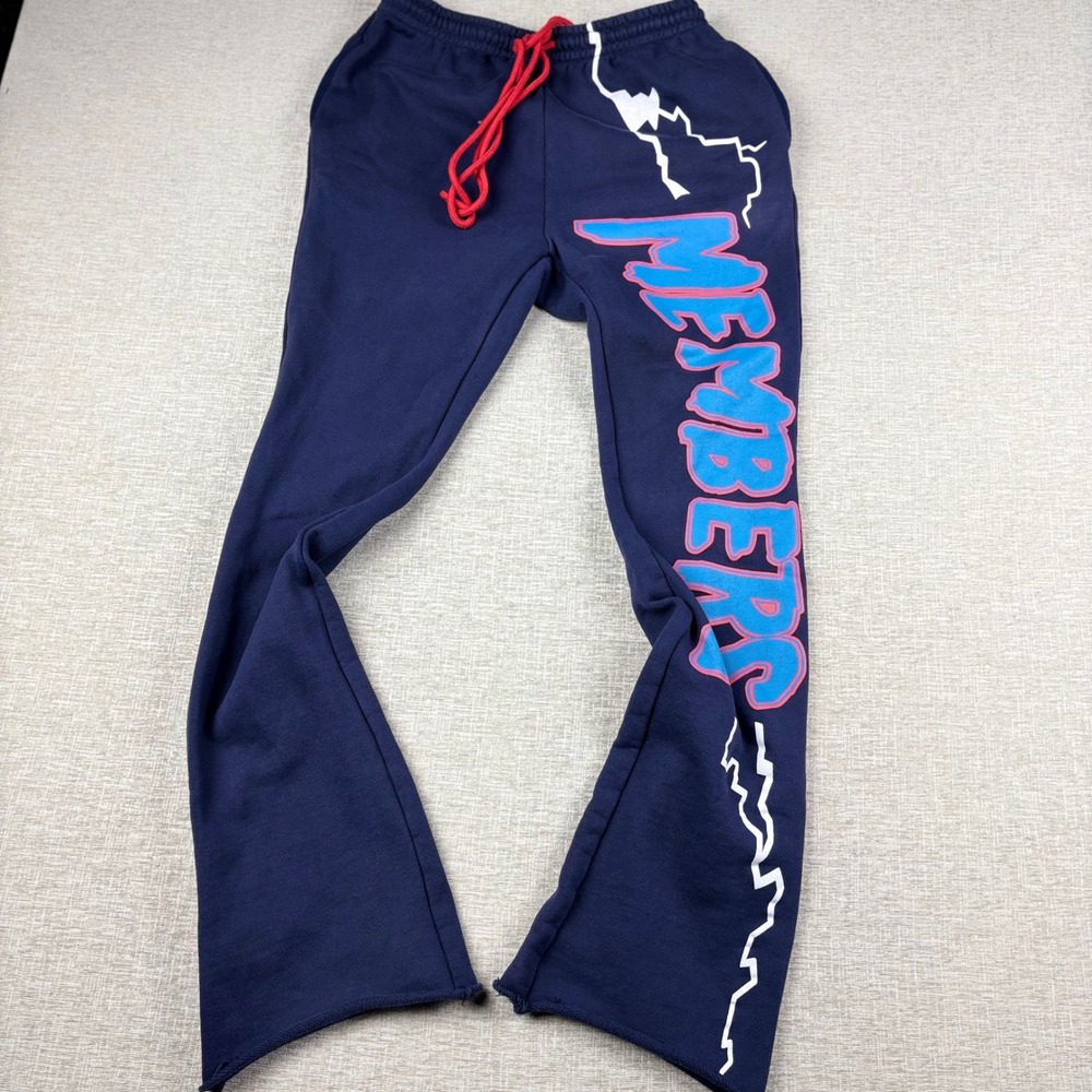 Members Only Mens XL Navy Blue Graphic Flare Sweatpants Red Drawstring